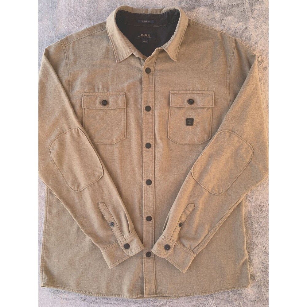 ROARK Nordsman Ambary Flannel Shirt Mens L Tan Khaki Elbow Patch Snap Classic Fi